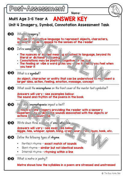 Multi Age 3-6 Year A English Pre- and Post-Assessment Unit 4 Imagery, symbol and connotation -