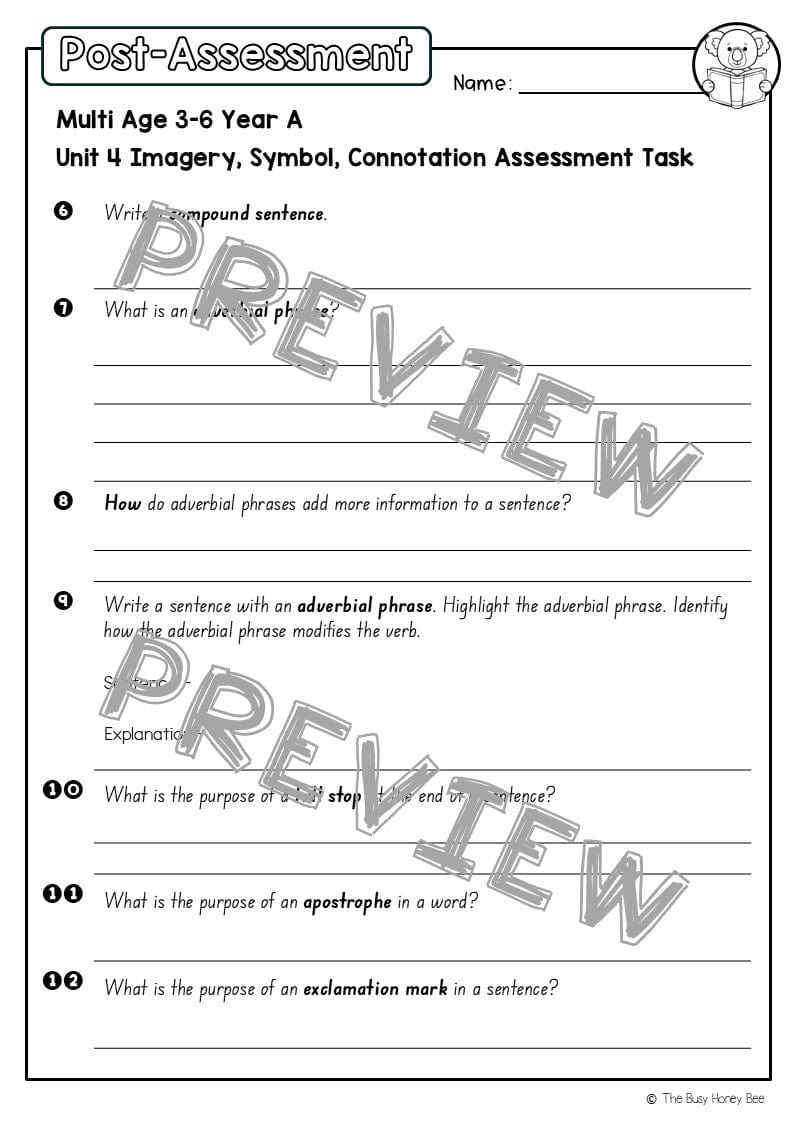 Multi Age 3-6 Year A English Pre- and Post-Assessment Unit 4 Imagery, symbol and connotation -