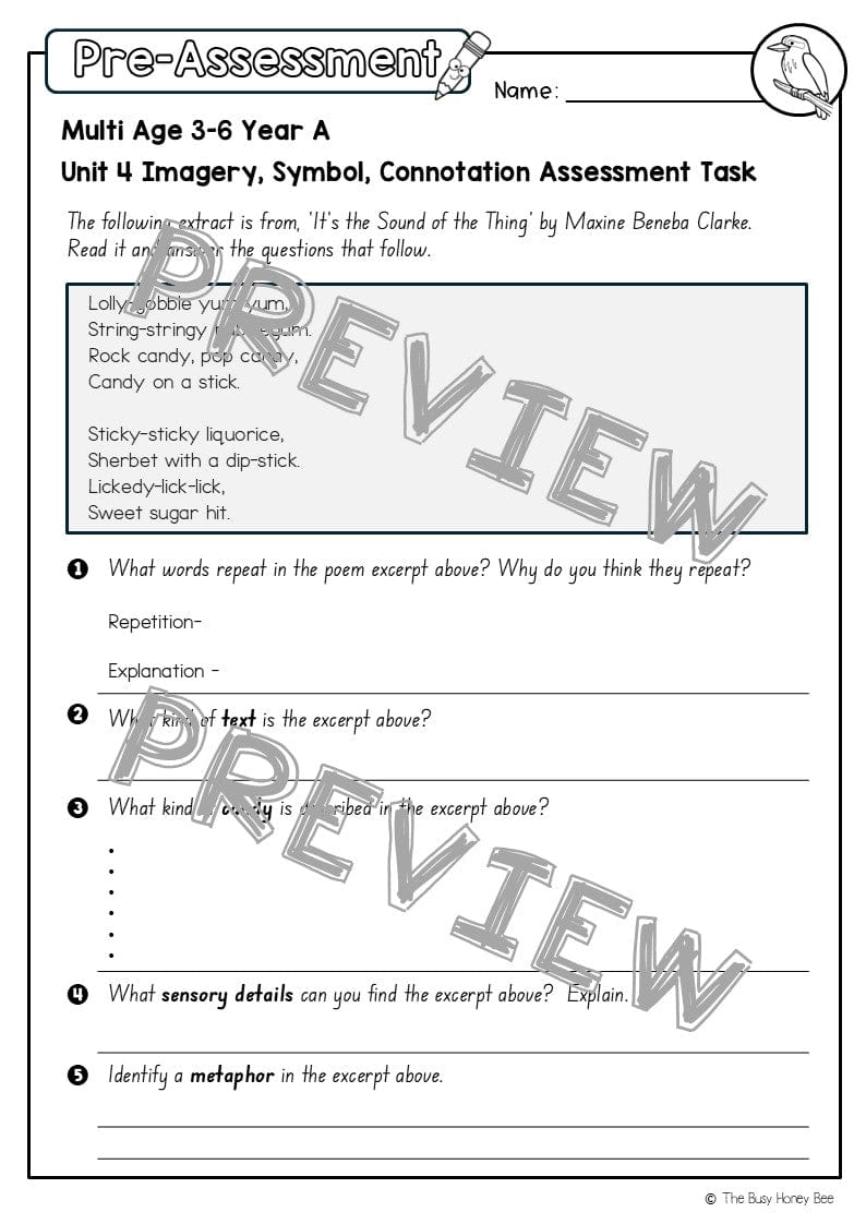 Multi Age 3-6 Year A English Pre- and Post-Assessment Unit 4 Imagery, symbol and connotation -