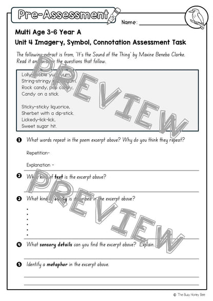 Multi Age 3-6 Year A English Pre- and Post-Assessment Unit 4 Imagery, symbol and connotation -
