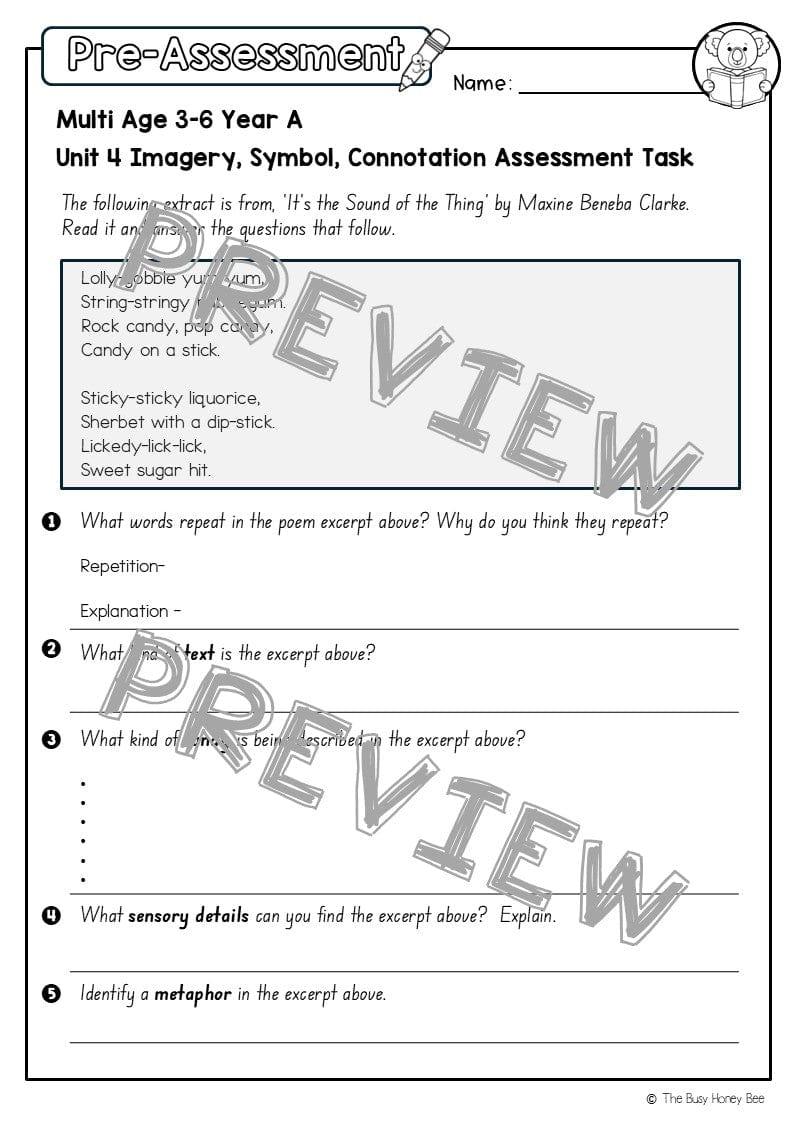 Multi Age 3-6 Year A English Pre- and Post-Assessment Unit 4 Imagery, symbol and connotation -