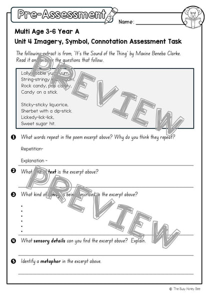 Multi Age 3-6 Year A English Pre- and Post-Assessment Unit 4 Imagery, symbol and connotation -