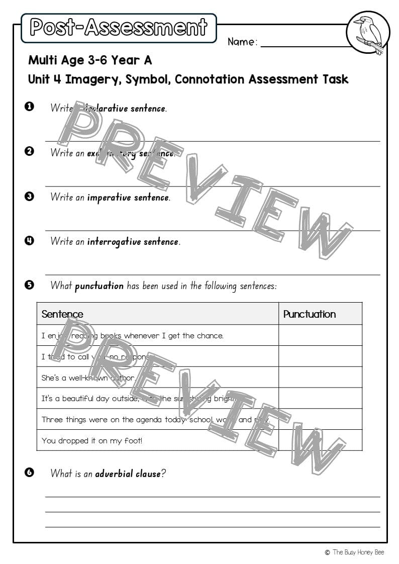 Multi Age 3-6 Year A English Pre- and Post-Assessment Unit 4 Imagery, symbol and connotation -