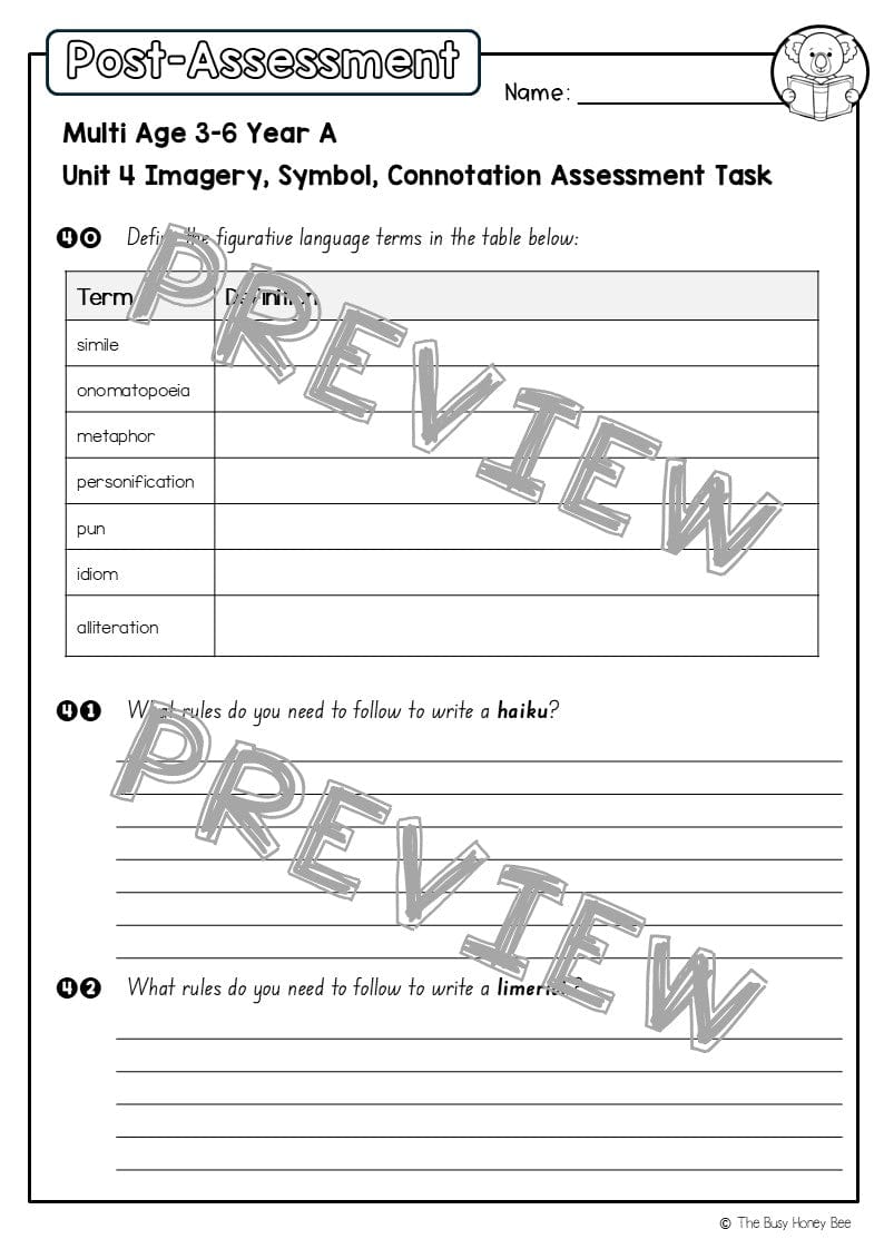 Multi Age 3-6 Year A English Pre- and Post-Assessment Unit 4 Imagery, symbol and connotation -