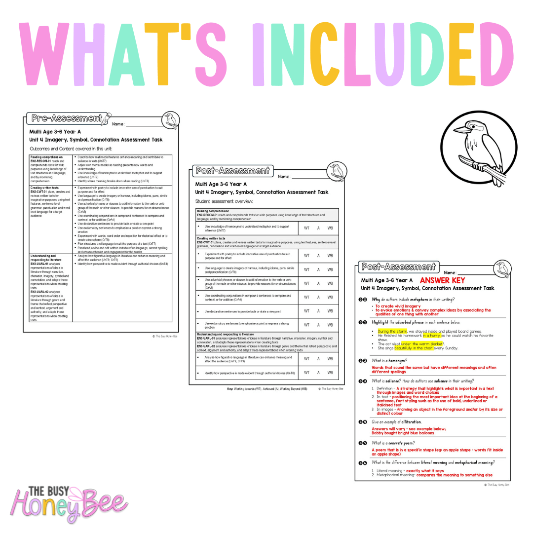Multi Age 3-6 Year A English Pre- and Post-Assessment Unit 4 Imagery, symbol and connotation -