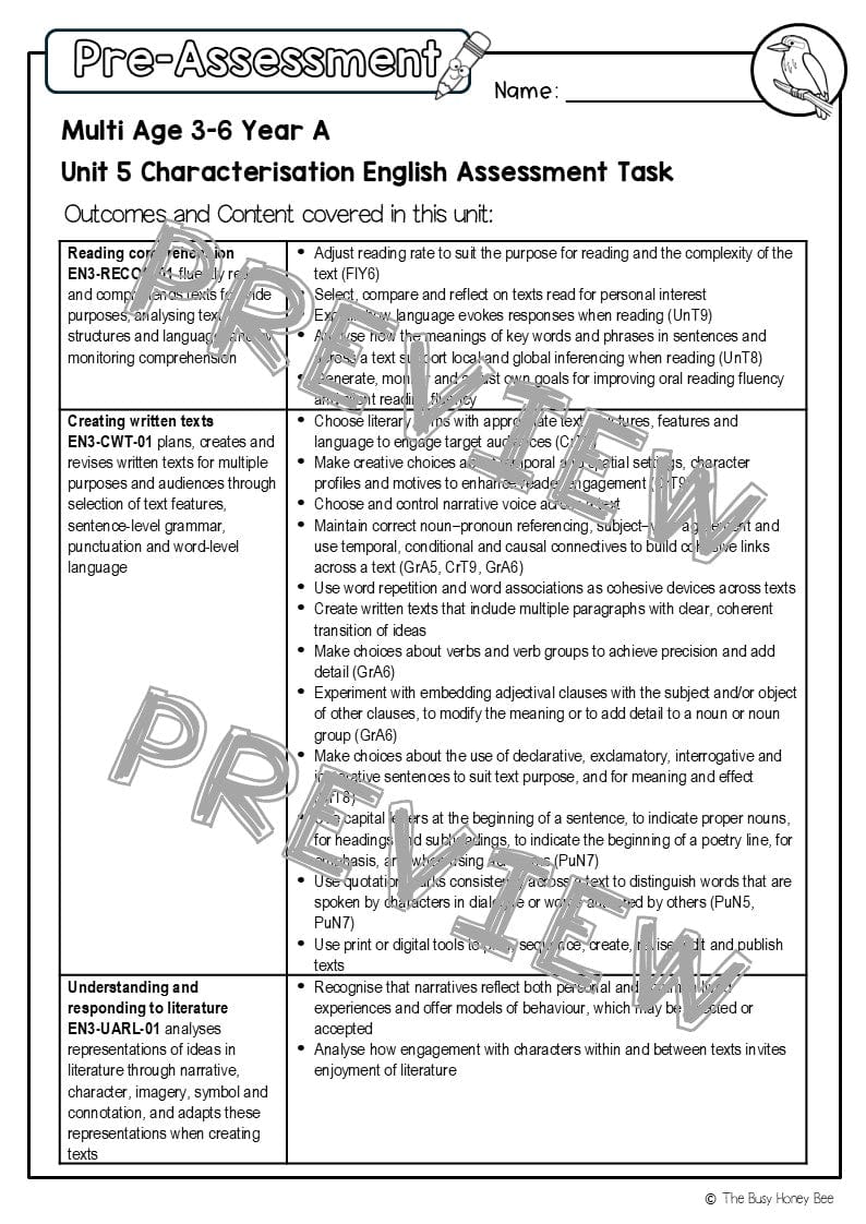 Multi Age 3-6 Year A English Pre- and Post-Assessment Unit 5 Characterisation - Assessment