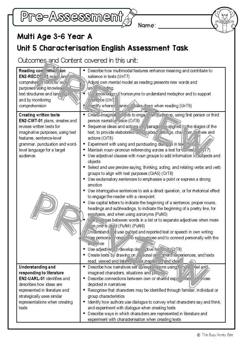 Multi Age 3-6 Year A English Pre- and Post-Assessment Unit 5 Characterisation - Assessment