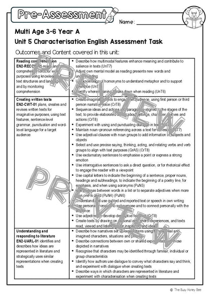 Multi Age 3-6 Year A English Pre- and Post-Assessment Unit 5 Characterisation - Assessment