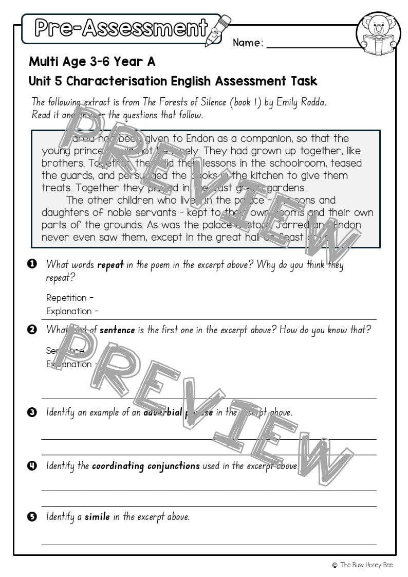 Multi Age 3-6 Year A English Pre- and Post-Assessment Unit 5 Characterisation - Assessment