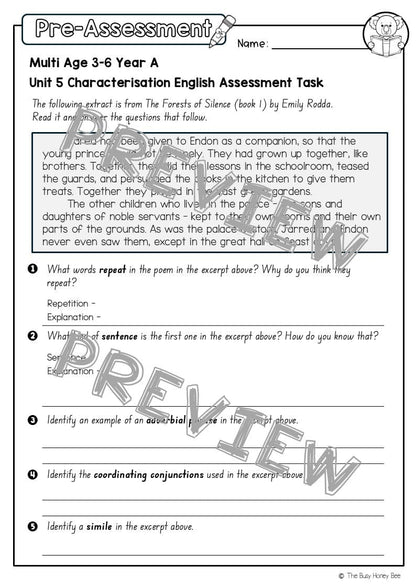 Multi Age 3-6 Year A English Pre- and Post-Assessment Unit 5 Characterisation - Assessment