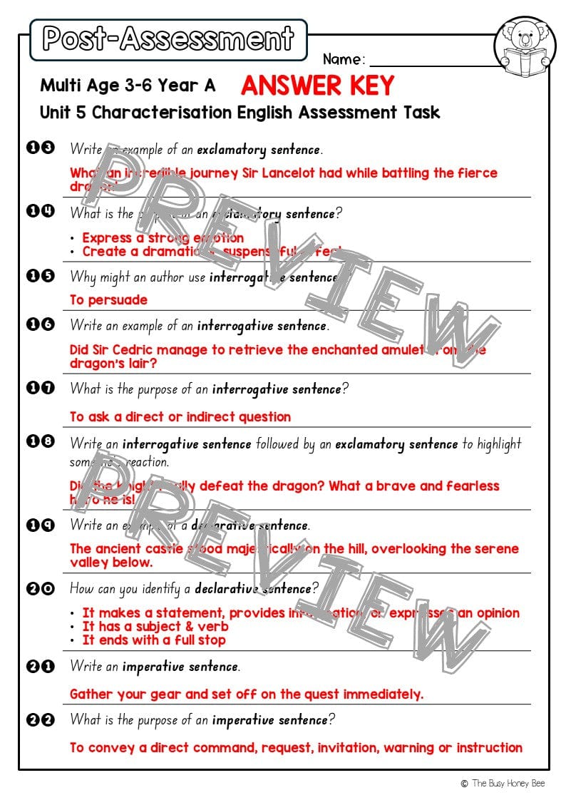 Multi Age 3-6 Year A English Pre- and Post-Assessment Unit 5 Characterisation - Assessment