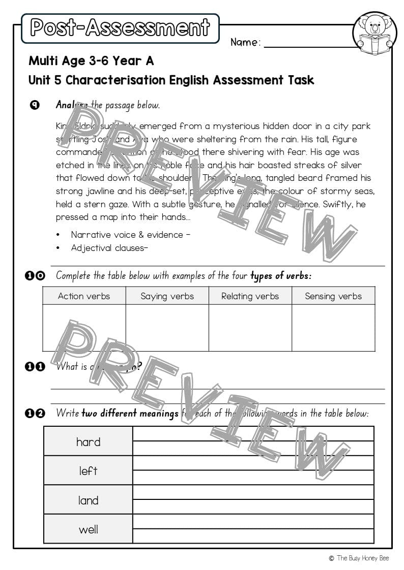 Multi Age 3-6 Year A English Pre- and Post-Assessment Unit 5 Characterisation - Assessment