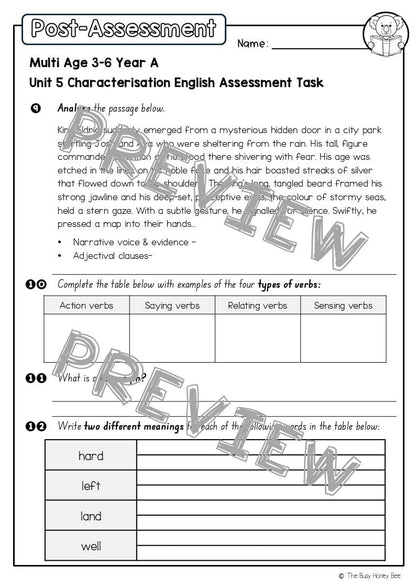 Multi Age 3-6 Year A English Pre- and Post-Assessment Unit 5 Characterisation - Assessment