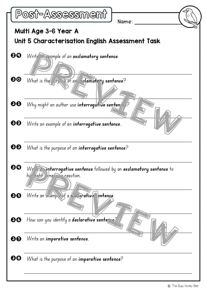 Multi Age 3-6 Year A English Pre- and Post-Assessment Unit 5 Characterisation - Assessment