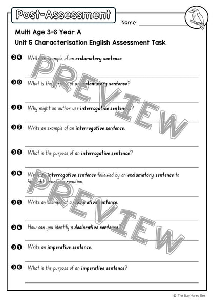 Multi Age 3-6 Year A English Pre- and Post-Assessment Unit 5 Characterisation - Assessment