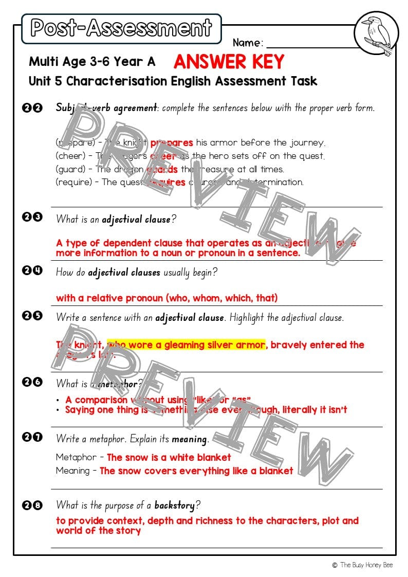 Multi Age 3-6 Year A English Pre- and Post-Assessment Unit 5 Characterisation - Assessment