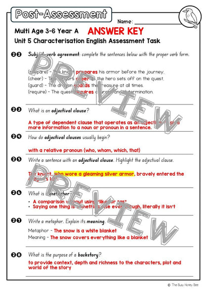 Multi Age 3-6 Year A English Pre- and Post-Assessment Unit 5 Characterisation - Assessment