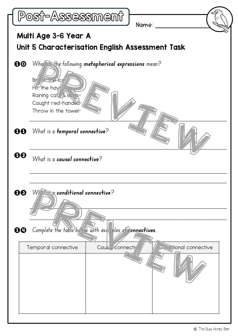 Multi Age 3-6 Year A English Pre- and Post-Assessment Unit 5 Characterisation - Assessment