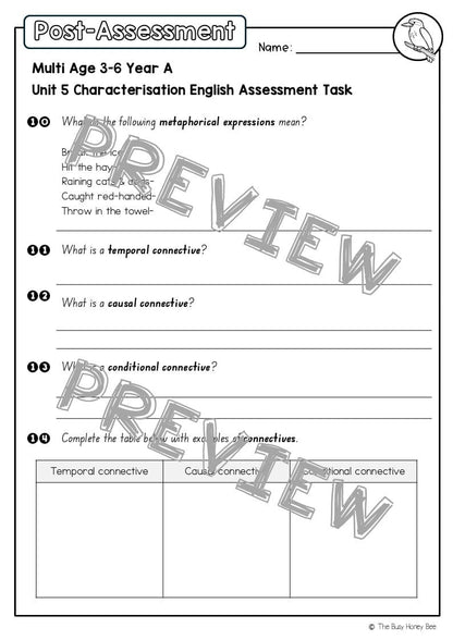 Multi Age 3-6 Year A English Pre- and Post-Assessment Unit 5 Characterisation - Assessment