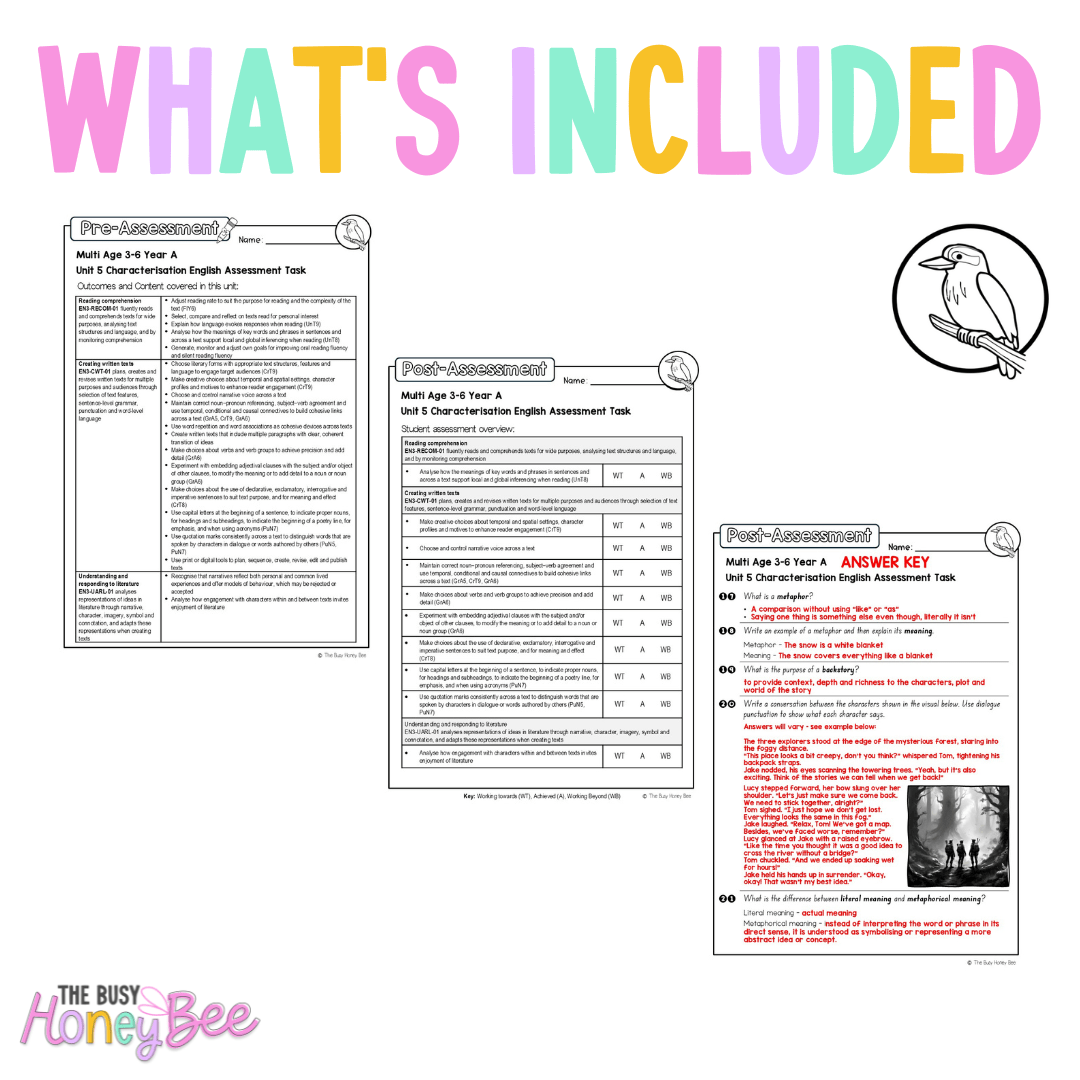 Multi Age 3-6 Year A English Pre- and Post-Assessment Unit 5 Characterisation - Assessment