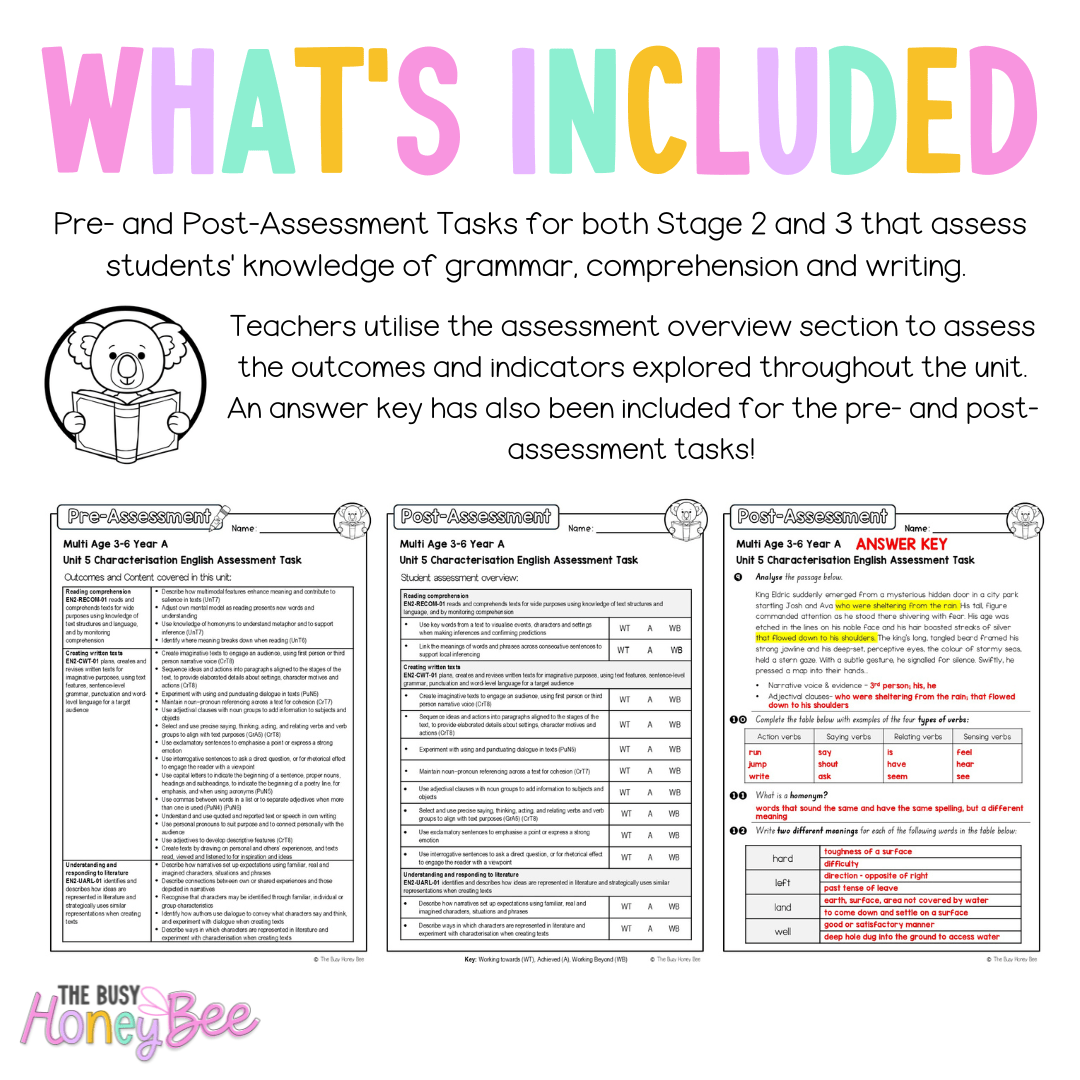 Multi Age 3-6 Year A English Pre- and Post-Assessment Unit 5 Characterisation - Assessment