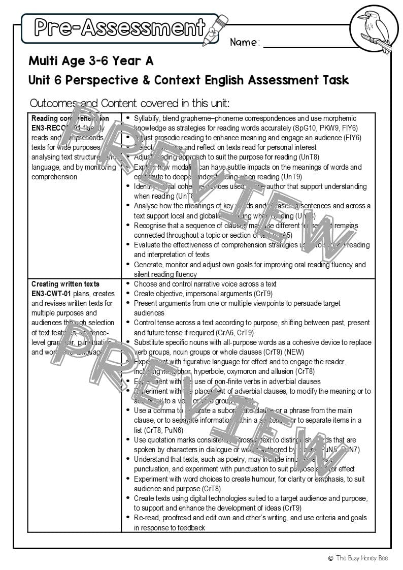 Multi Age 3-6 Year A English Pre- and Post-Assessment Unit 6 Perspective and Context - Assessment