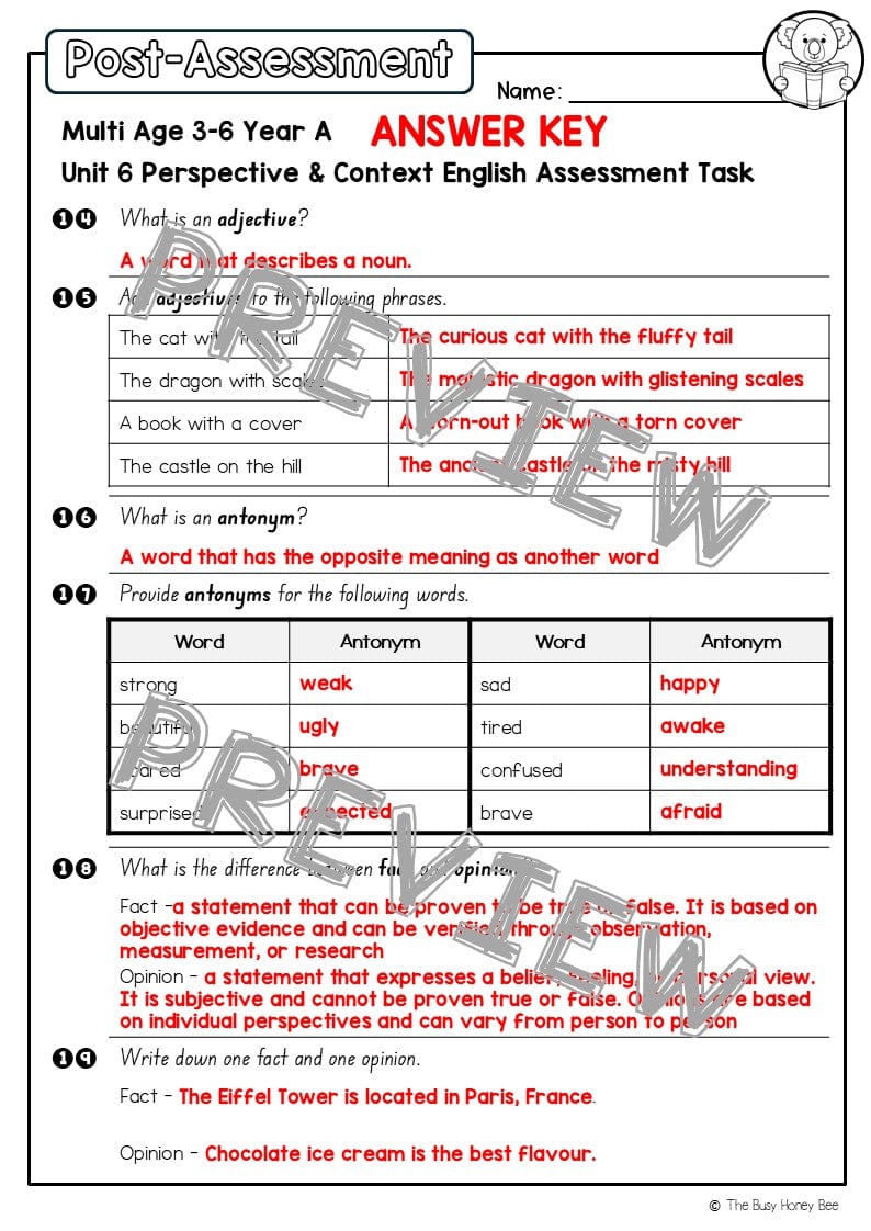 Multi Age 3-6 Year A English Pre- and Post-Assessment Unit 6 Perspective and Context - Assessment