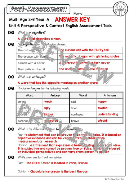 Multi Age 3-6 Year A English Pre- and Post-Assessment Unit 6 Perspective and Context - Assessment