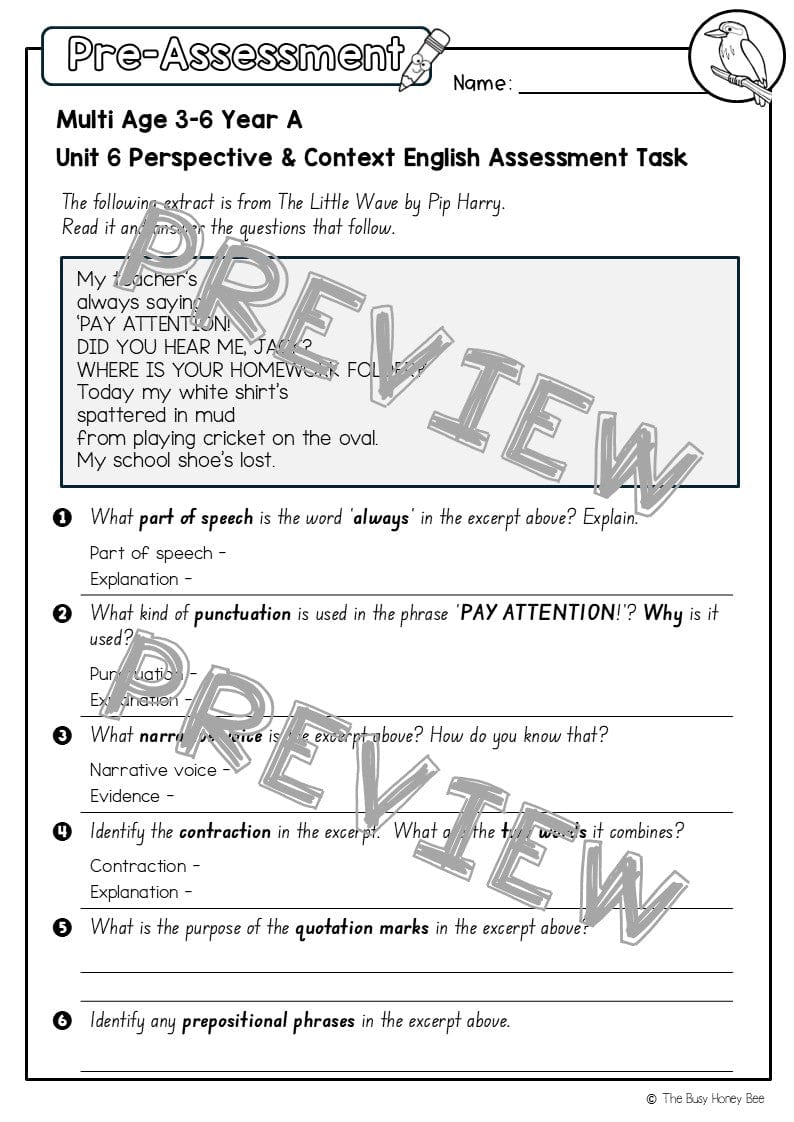 Multi Age 3-6 Year A English Pre- and Post-Assessment Unit 6 Perspective and Context - Assessment