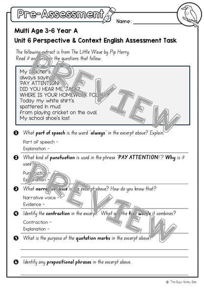 Multi Age 3-6 Year A English Pre- and Post-Assessment Unit 6 Perspective and Context - Assessment
