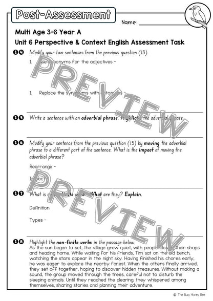 Multi Age 3-6 Year A English Pre- and Post-Assessment Unit 6 Perspective and Context - Assessment