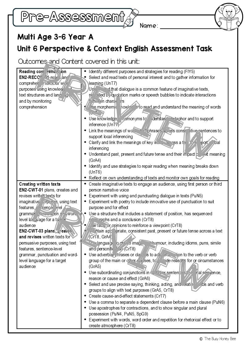 Multi Age 3-6 Year A English Pre- and Post-Assessment Unit 6 Perspective and Context - Assessment
