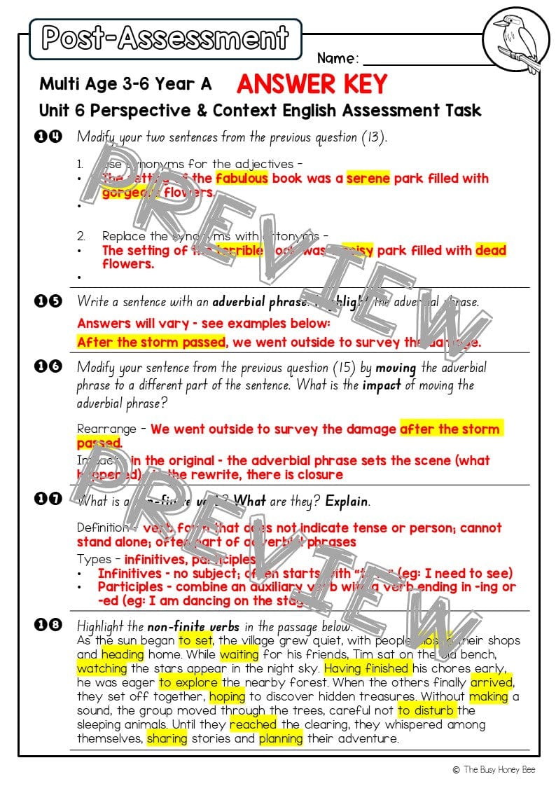 Multi Age 3-6 Year A English Pre- and Post-Assessment Unit 6 Perspective and Context - Assessment