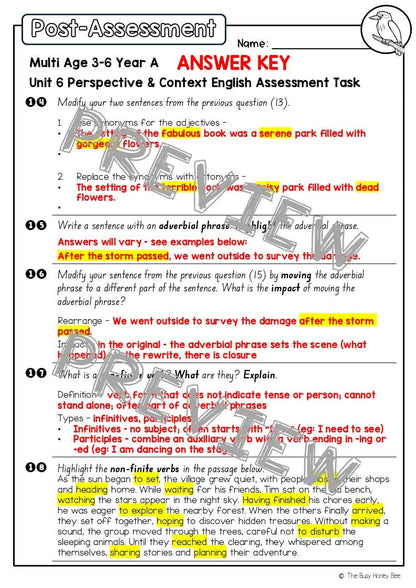 Multi Age 3-6 Year A English Pre- and Post-Assessment Unit 6 Perspective and Context - Assessment