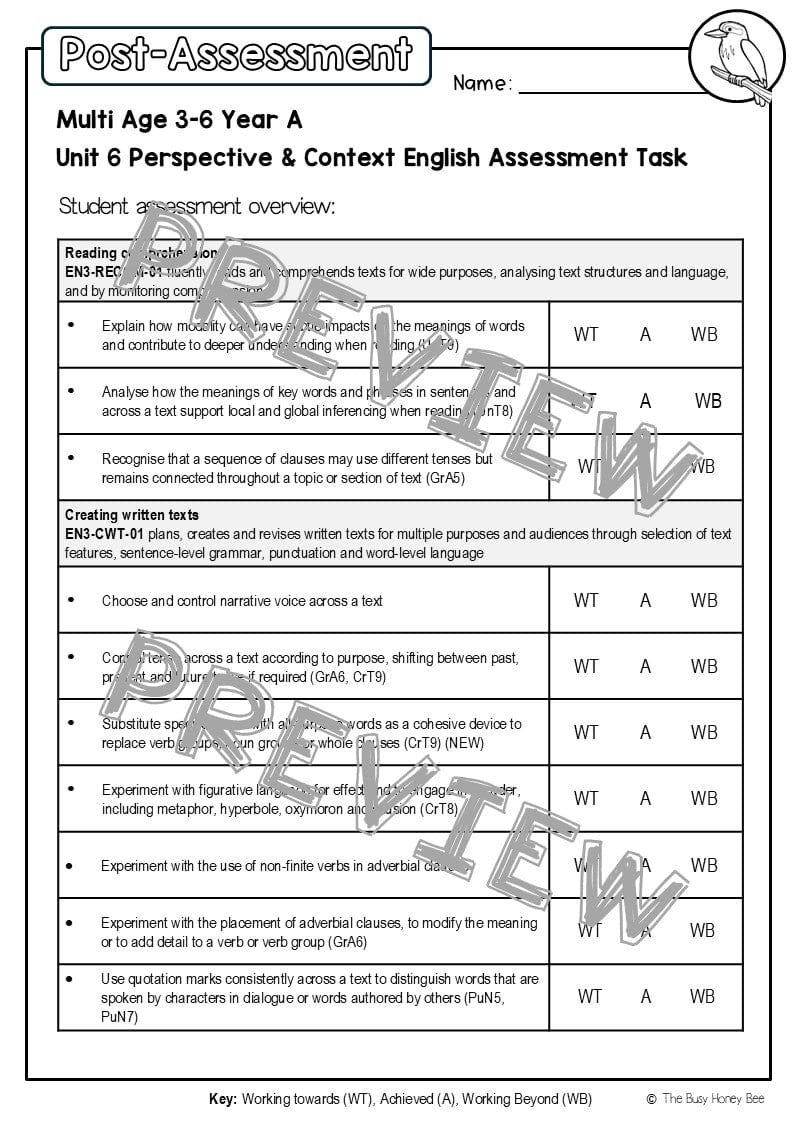 Multi Age 3-6 Year A English Pre- and Post-Assessment Unit 6 Perspective and Context - Assessment