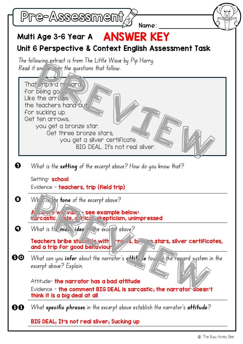 Multi Age 3-6 Year A English Pre- and Post-Assessment Unit 6 Perspective and Context - Assessment