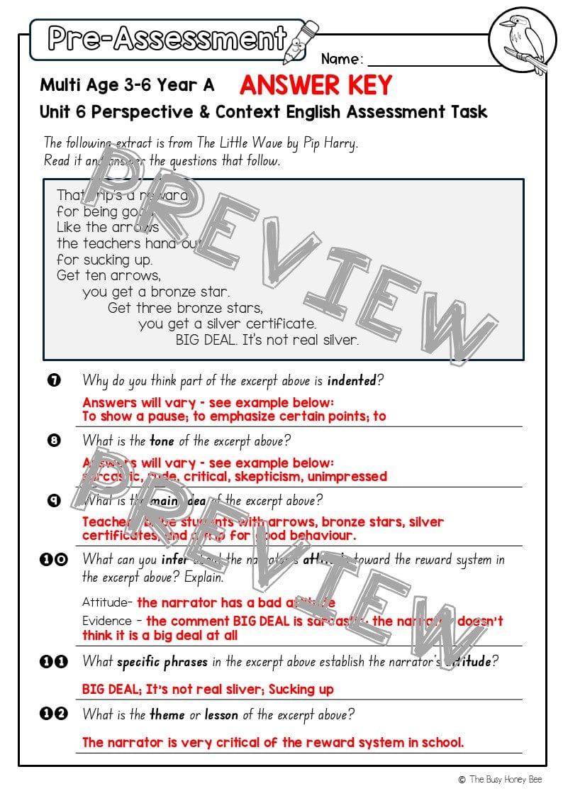 Multi Age 3-6 Year A English Pre- and Post-Assessment Unit 6 Perspective and Context - Assessment