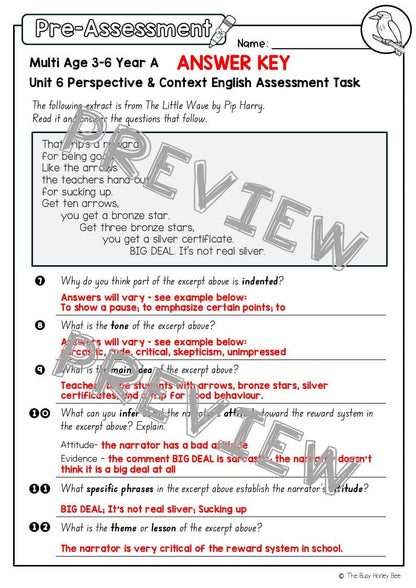 Multi Age 3-6 Year A English Pre- and Post-Assessment Unit 6 Perspective and Context - Assessment
