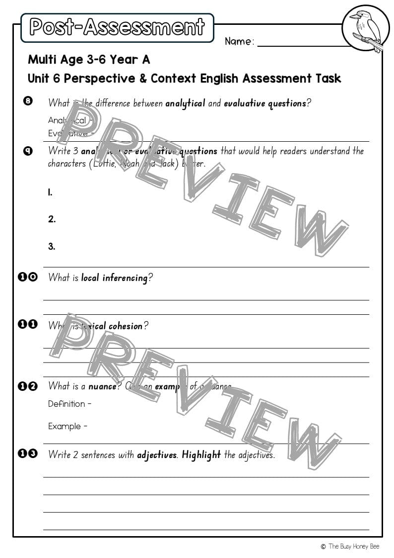 Multi Age 3-6 Year A English Pre- and Post-Assessment Unit 6 Perspective and Context - Assessment