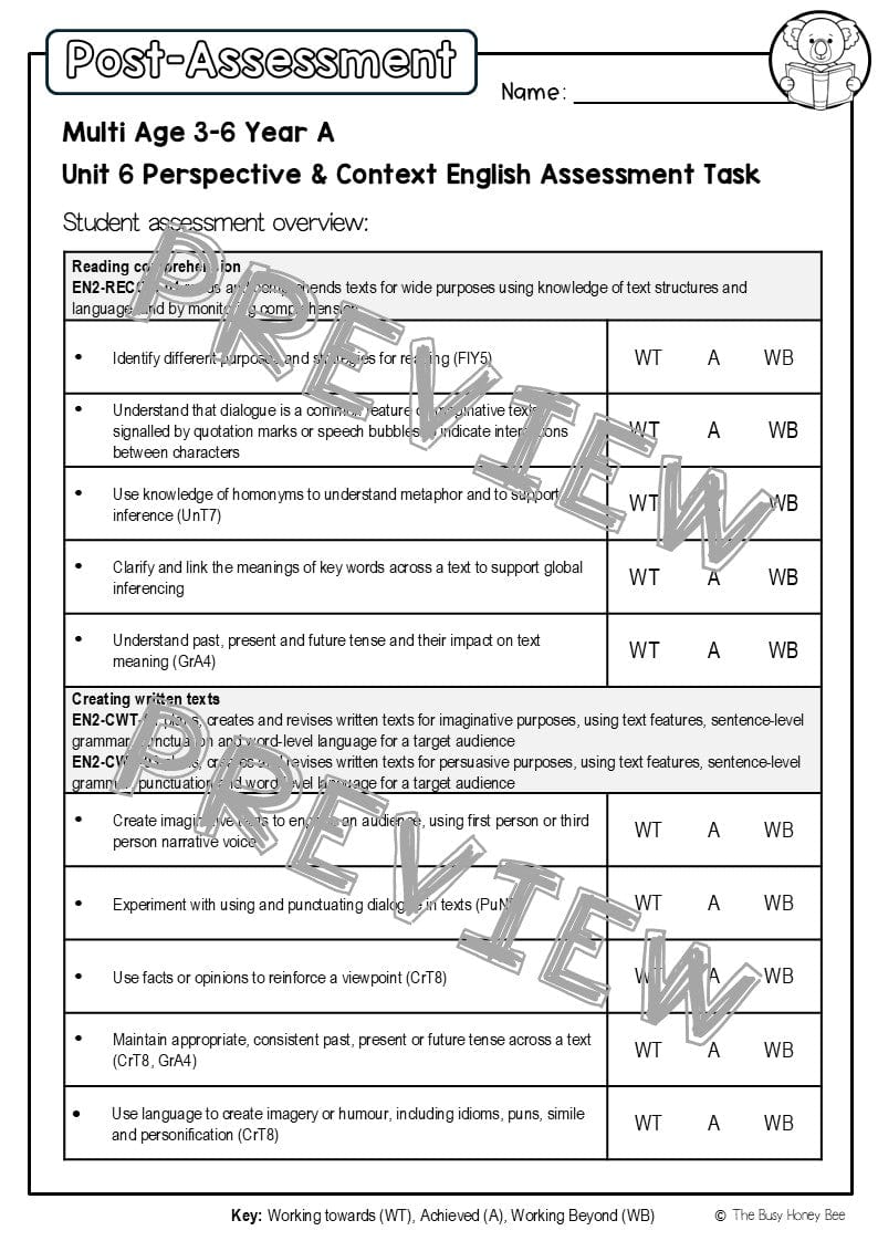 Multi Age 3-6 Year A English Pre- and Post-Assessment Unit 6 Perspective and Context - Assessment