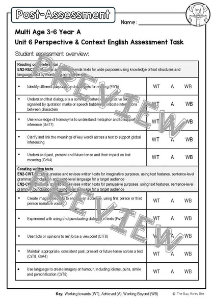 Multi Age 3-6 Year A English Pre- and Post-Assessment Unit 6 Perspective and Context - Assessment
