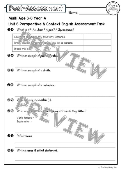 Multi Age 3-6 Year A English Pre- and Post-Assessment Unit 6 Perspective and Context - Assessment