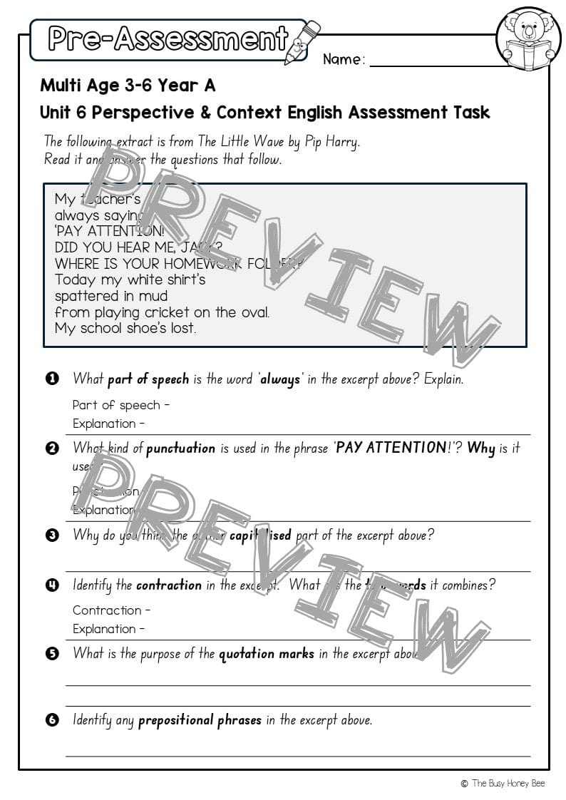 Multi Age 3-6 Year A English Pre- and Post-Assessment Unit 6 Perspective and Context - Assessment