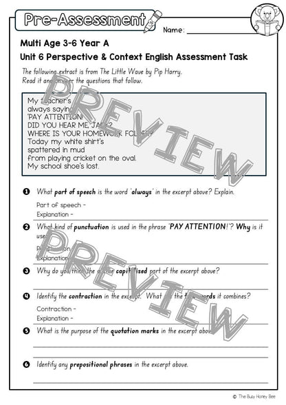 Multi Age 3-6 Year A English Pre- and Post-Assessment Unit 6 Perspective and Context - Assessment