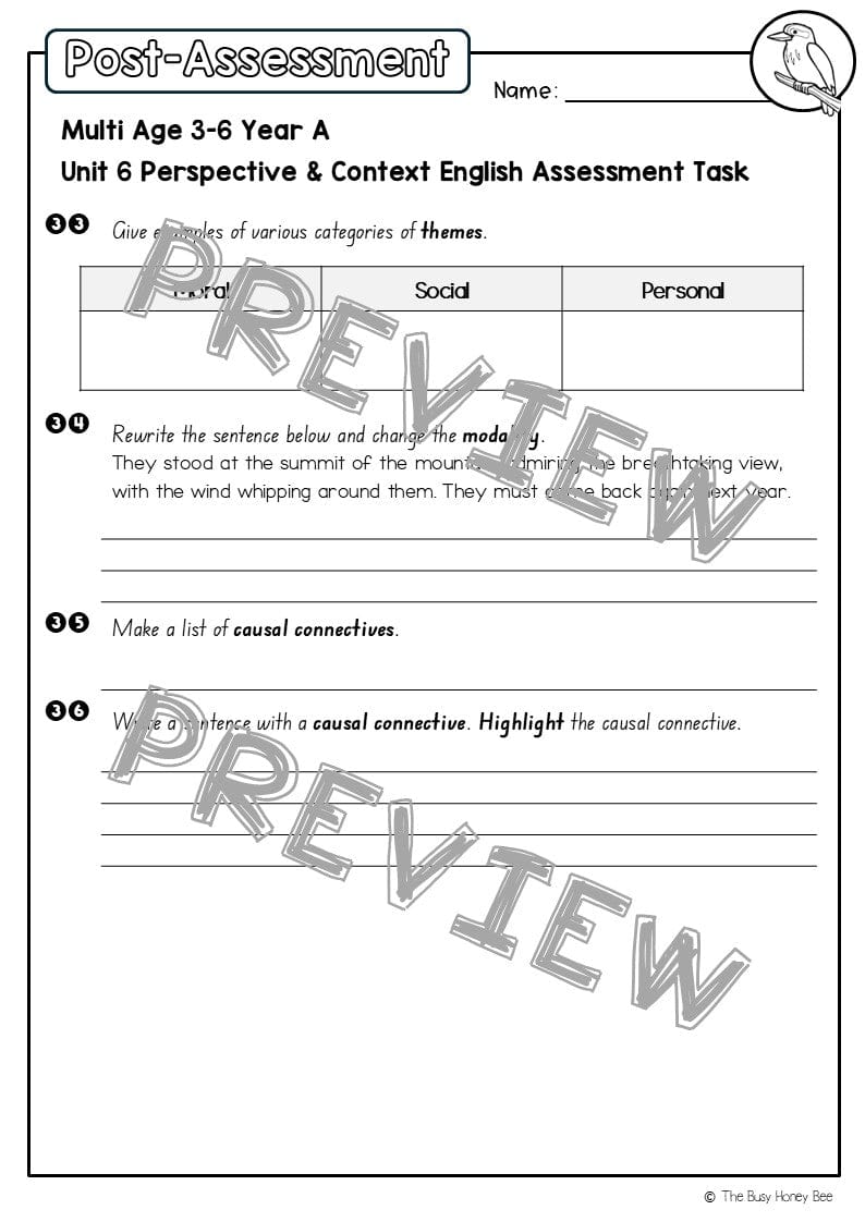 Multi Age 3-6 Year A English Pre- and Post-Assessment Unit 6 Perspective and Context - Assessment