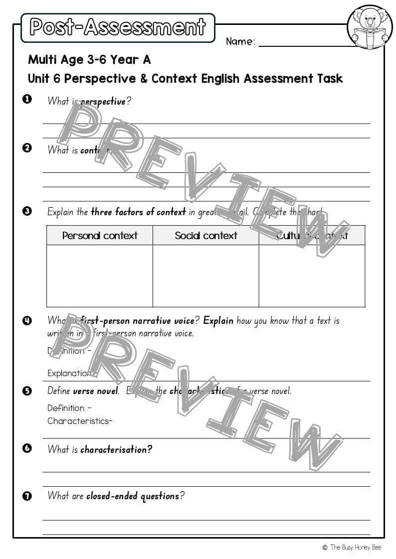 Multi Age 3-6 Year A English Pre- and Post-Assessment Unit 6 Perspective and Context - Assessment