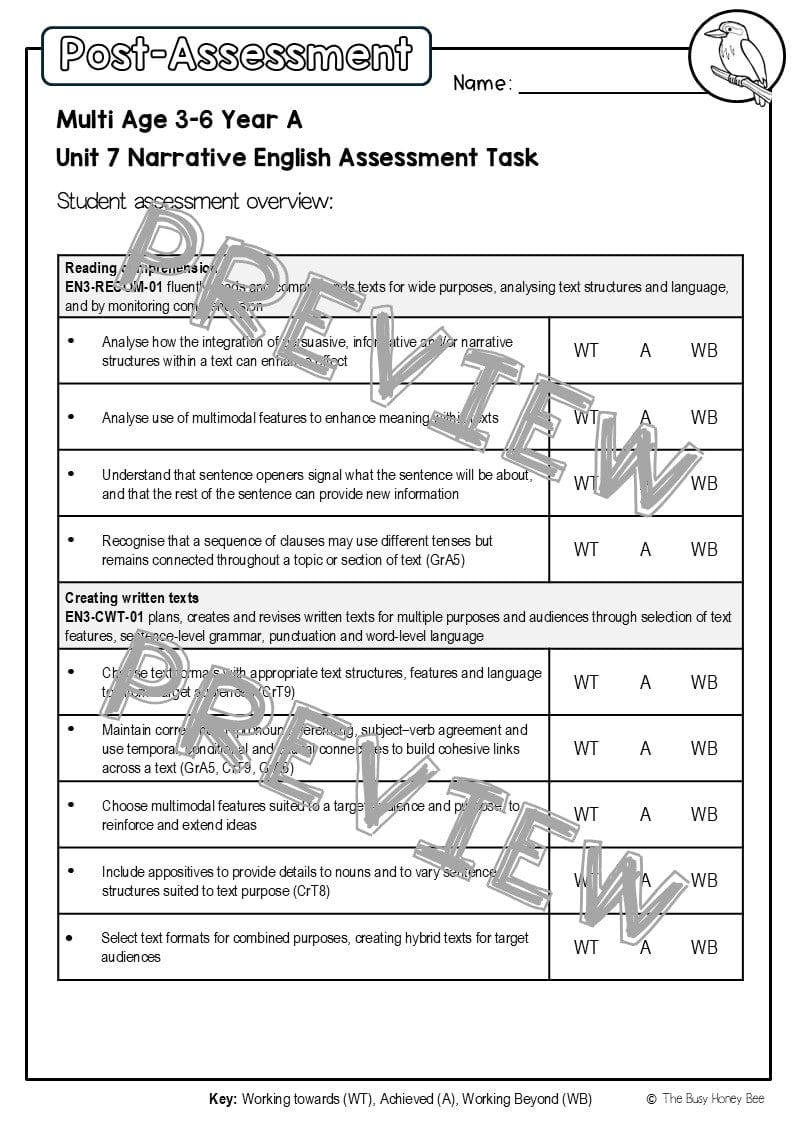 Multi Age 3-6 Year A English Pre- and Post-Assessment Unit 7 Narrative - Assessment