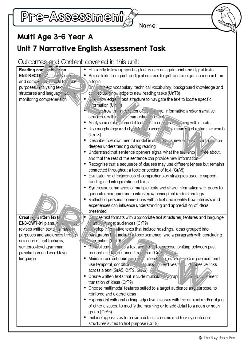 Multi Age 3-6 Year A English Pre- and Post-Assessment Unit 7 Narrative - Assessment