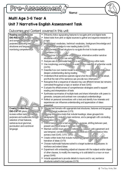 Multi Age 3-6 Year A English Pre- and Post-Assessment Unit 7 Narrative - Assessment