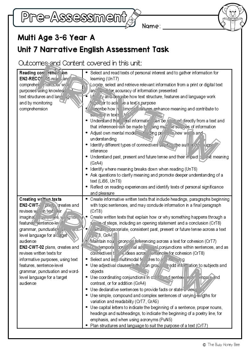 Multi Age 3-6 Year A English Pre- and Post-Assessment Unit 7 Narrative - Assessment